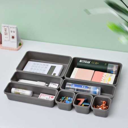 Set 8 cutii depozitare, pentru sertar, cosmetice, ustensile bucatarie, textile, plastic, gri, 23.5 x 16 cm