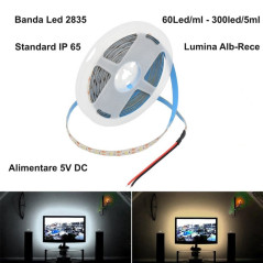 Banda Led 2835 - 5V Exterior 60led/m Alb-Rece IP65 - 5m/Rola