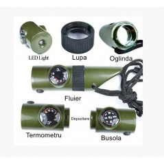 Kit supravieturie Fluier 7 in 1, pentru drumetii, hiking, lupa, fluier, termometru, depozitare pastile, busola, din material ABS