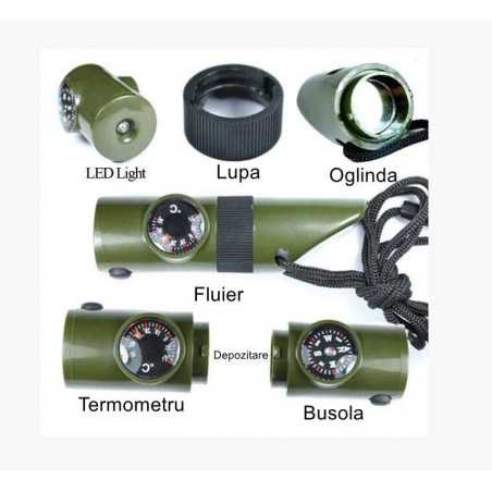 Kit supravieturie Fluier 7 in 1, pentru drumetii, hiking, lupa, fluier, termometru, depozitare pastile, busola, din material ABS