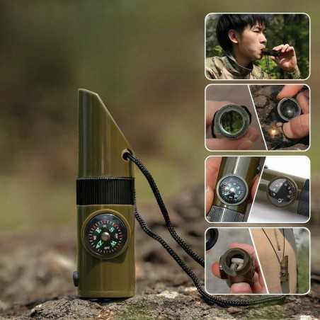 Kit supravieturie Fluier 7 in 1, pentru drumetii, hiking, lupa, fluier, termometru, depozitare pastile, busola, din material ABS