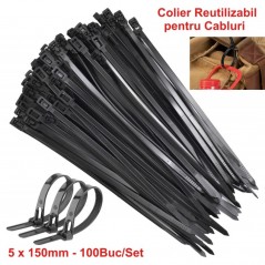 Colier de Plastic Reutilizabil 5x150mm Negru - 100Buc/Set