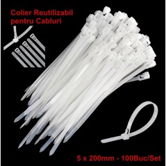 Colier de Plastic Reutilizabil 5x200mm Alb - 100Buc/Set