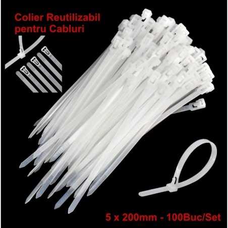 Colier de Plastic Reutilizabil 5x200mm Alb - 100Buc/Set
