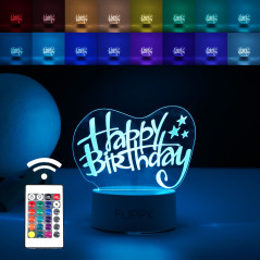Lampa LED decorativa, 3D, Happy Birthday, cu USB si baterii, 20 cm inaltime, din material acril si telecomanda inclusa