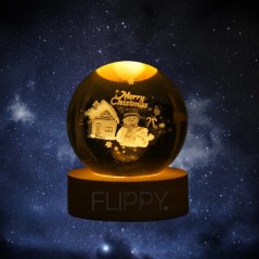 Lampa LED Decorativa, cu Bila de Cristal cu Diametru 6cm, Model Merry Christmas 3D, Alimentare USB, Suport din Lemn