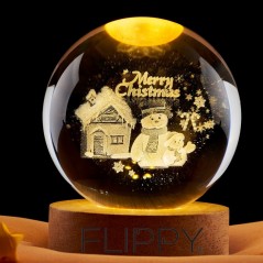 Lampa LED Decorativa, cu Bila de Cristal cu Diametru 6cm, Model Merry Christmas 3D, Alimentare USB, Suport din Lemn