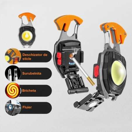 Breloc Multifunctional, Kit Supravietuire, Lanterna, Bricheta, Fluier, din ABS/Aluminiu, Alimentare USB, Negru/Portocaliu