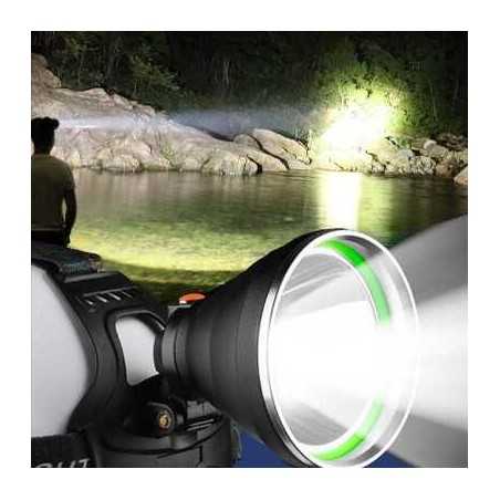 Lanternă frontală cu 3 acumulatori Li-ion 18650, încărcare USB, LED tip laser și lampă COB porterioara