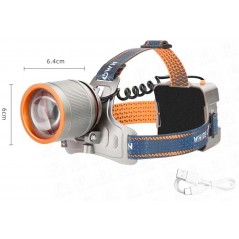 Lanternă frontală multifuncțională, echipată cu LED de 60W și acumulator Li-Ion incarcare USB