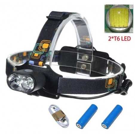 Lanterna Frontala cu 2 leduri T6 Alimentare cu Acumulator Li-ion Reincarcabil la USB