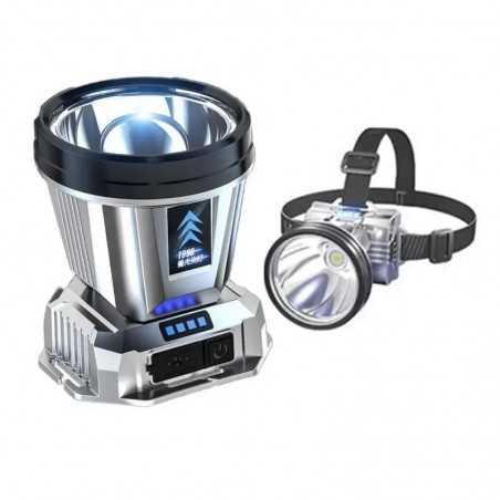 Lanterna Power Bank LED, cu Suport pentru Cap, Incarcare USB, Raza 100-200m, 5W, 3 Trepte de Lumina, Afisaj Baterie, Argintiu