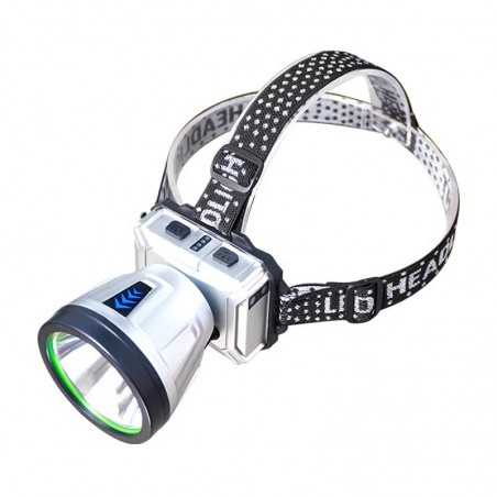Lanterna Power Bank LED, cu Suport pentru Cap, Incarcare USB, Raza 100-200m, 5W, 3 Trepte de Lumina, Afisaj Baterie, Argintiu