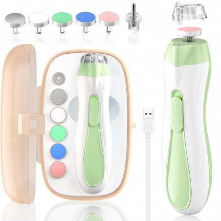 Set Pila Electrica pentru Copii si Bebelusi, ABS, 6 Accesorii, cu Lumina LED, Verde