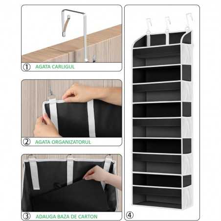 Organizator Suspendat pentru Usi, din Nailon si Plasa, Baza de Carton Ingrosat, 5 Buzunare Principale + 10 Buzunare Laterale