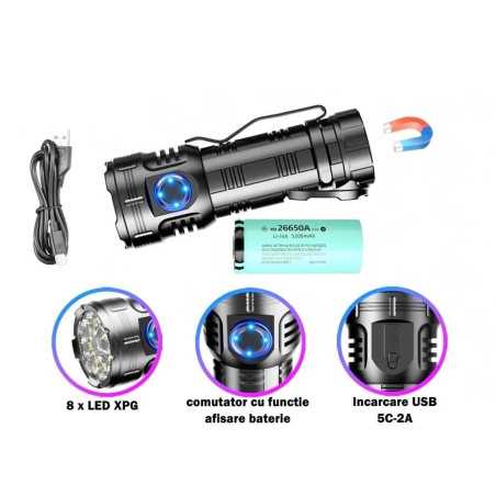 Lanternă Compactă de Aluminiu cu 8 LED-uri XPG, Magnet și Clips, Încărcare USB, Acumulator Li-Ion 26650, Lumină Roșie SOS