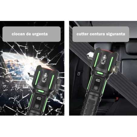 Lanternă Aluminiu cu LED Laser 30W, Încărcare USB, Acumulator 18650, Lampă COB și Alarmă 105dB, Ciocan de Urgență și Cutter