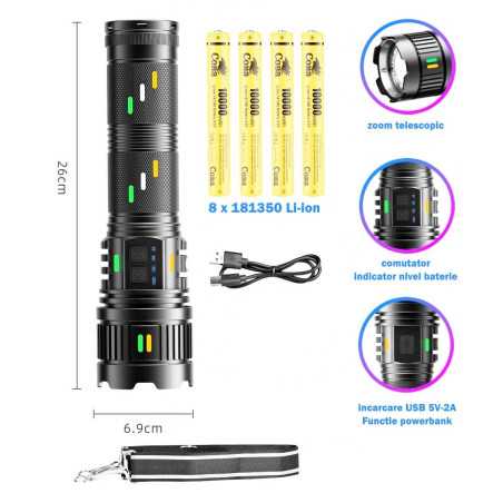 Lanterna profesionala din aluminiu resistenta la apa si socuri, cu led 300W, 4 acumulatori li-ion 181350, incarcare USB