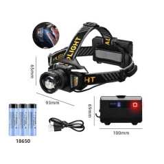 Lanternă de Cap cu 3 Acumulatori Li-ion 18650, Senzor miscare, Zoom, LED Laser, Lumina Alba sau Galbena, Indicator Baterie