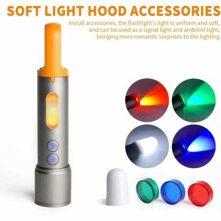 Lanternă Portabilă Multifuncțională cu Agățător, Lumină Laterală COB, LED Frontal Puternic și 5 Capace Colorate