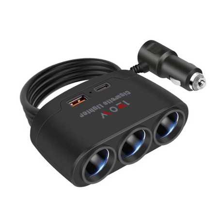 Adaptor brichetă auto 120W cu 3 ieșiri + USB + Tip C Fast Charge – Putere, Viteză și Versatilitate în Mașina Ta