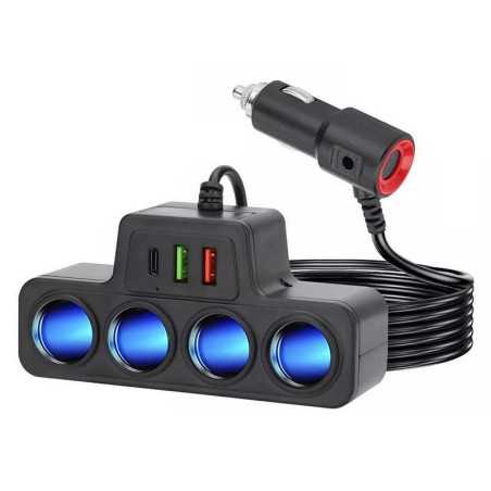 Adaptor Auto cu 4 Prize Brichetă + 2x USB + 1x USB-C – Putere Maximă 120W