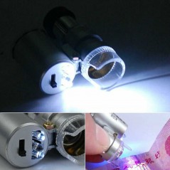 Microscop de buzunar cu LED pentru bijuterii, scoala, natura, lampa UV pentru bancnote, 60x, cu husa, argintiu