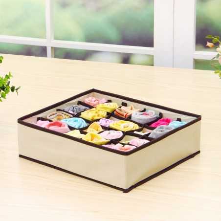 Cutie De Depozitare, Pentru Lenjerie, Sosete Si Sutiene, Material Textil, 24 Compartimente, 32 x 32 x 10 cm, Culoare Bej