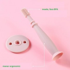 Periuta de Dinti din Silicon pentru Bebelusi, fara BPA, 360 Grade, Bariera Anti-Inghitire, Maner Ergonomic, 12.5 x 15 cm, Roz