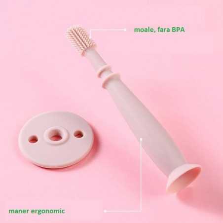 Periuta de Dinti din Silicon pentru Bebelusi, fara BPA, 360 Grade, Bariera Anti-Inghitire, Maner Ergonomic, 12.5 x 15 cm, Roz