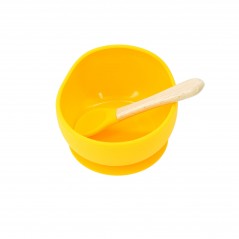 Set 2 piese diversificare bebelusi si copii din silicon, bol cu ventuza, lingurita din lemn si silicon, pentru gustari