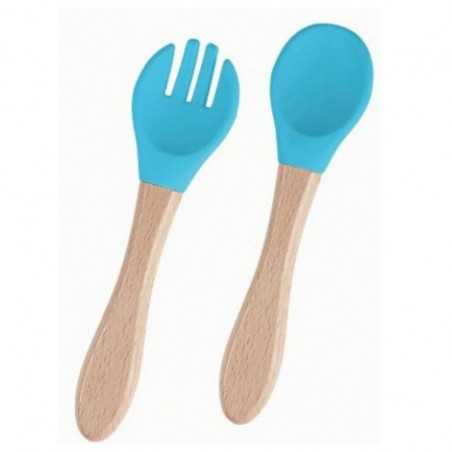 Set 10 Piese Servire Masa, Bebelusi si Copii, din Silicon/Lemn, cu Ventuze Anti-alunecare, +6 Luni, Model Elefant, Albastru