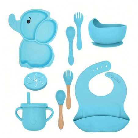 Set 10 Piese Servire Masa, Bebelusi si Copii, din Silicon/Lemn, cu Ventuze Anti-alunecare, +6 Luni, Model Elefant, Albastru