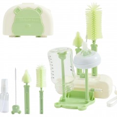 Set 7 Piese de Spalat/Uscat Biberoane, Portabil, Suzete, Biberoane, Paie, Cutie Inclusa, 16 x 11 x 5 cm, Model Ursulet, Verde