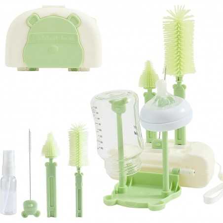 Set 7 Piese de Spalat/Uscat Biberoane, Portabil, Suzete, Biberoane, Paie, Cutie Inclusa, 16 x 11 x 5 cm, Model Ursulet, Verde