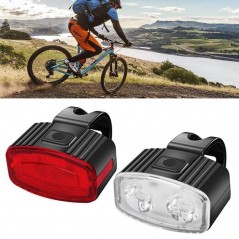 Set far si stop spate LED bicicleta, incarcare USB, rezistent la apa, 4 moduri de luminare, Plastic, Alb/Rosu, 10x6x4 cm
