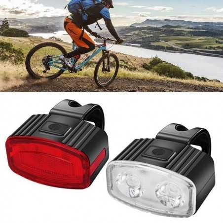 Set far si stop spate LED bicicleta, incarcare USB, rezistent la apa, 4 moduri de luminare, Plastic, Alb/Rosu, 10x6x4 cm