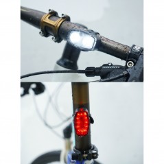 Set far si stop spate LED bicicleta, incarcare USB, rezistent la apa, 4 moduri de luminare, Plastic, Alb/Rosu, 10x6x4 cm