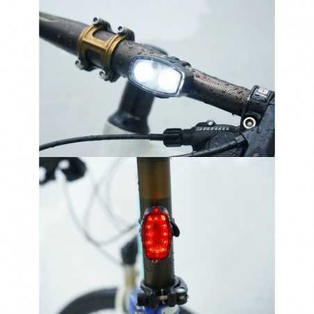 Set far si stop spate LED bicicleta, incarcare USB, rezistent la apa, 4 moduri de luminare, Plastic, Alb/Rosu, 10x6x4 cm