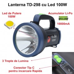 Lanterna TD-298 cu Led 100W si 3 Faze de Lumina / Acumulator LI-Po