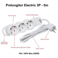 Prelungitor Electric 3 Prize si Protectie Copii, Cablu 3x1mm / 5m