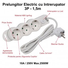 Prelungitor Electric cu Intrerupator, 3 Prize si Protectie Copii, Cablu 3x1mm / 1,5m