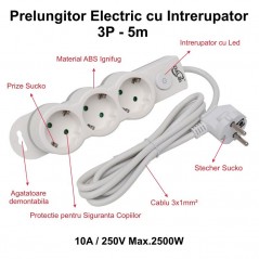 Prelungitor Electric cu Intrerupator, 3 Prize si Protectie Copii, Cablu 3x1mm / 5m