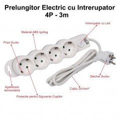Prelungitor Electric cu Intrerupator, 4 Prize si Protectie Copii, Cablu 3x1mm / 3m