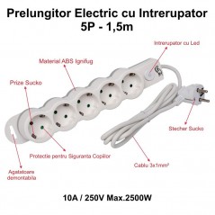 Prelungitor Electric cu Intrerupator, 5 Prize si Protectie Copii, Cablu 3x1mm / 1,5m