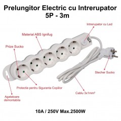 Prelungitor Electric cu Intrerupator, 5 Prize si Protectie Copii, Cablu 3x1mm / 3m