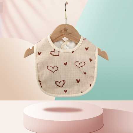 Baveta in Forma de U, din Bumbac, pentru Copii 0-12 Luni, Rezistenta la Apa, cu Capse, Model cu Inimoare, 21x30 cm, Bej