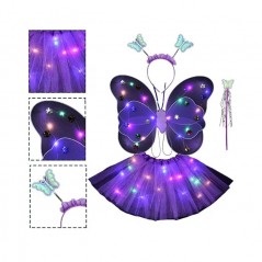 Costum Fluturas cu Aripi Modelabile Luminoase pentru Copii, Fusta din Tul cu Lumini, Bagheta si Bentita, 4 piese,Mov