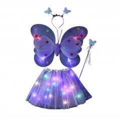 Costum Fluturas cu Aripi Modelabile Luminoase pentru Copii, Fusta din Tul cu Lumini, Bagheta si Bentita, 4 piese,Mov