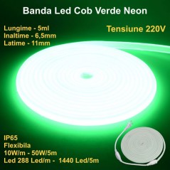 Banda Led Cob Verde Smarald Neon Flex - 288led/m - IP65 / 220V - 10W/ml / Rola 5ml